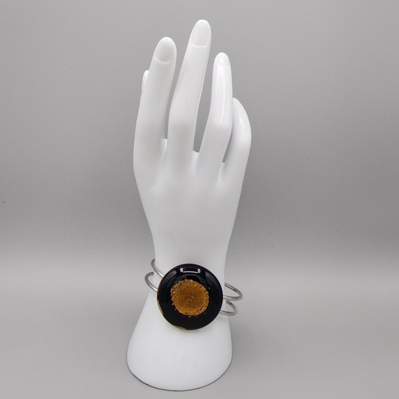 Murano Inspired Bracelet Art Glass Black & Gold Foil Statement Clamper 8 1/2" - Picture 1 of 7